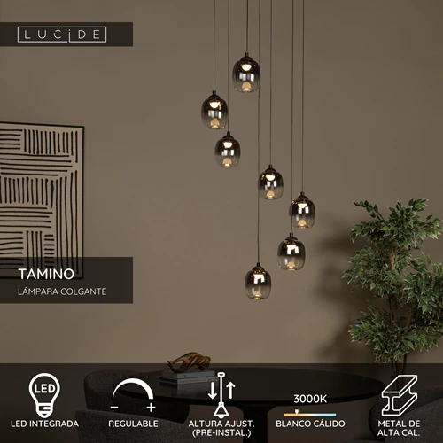 Lucide TAMINO - Lámpara colgante - Ø 52 cm - LED Regul. - 7x7W 3000K - Negro - USP